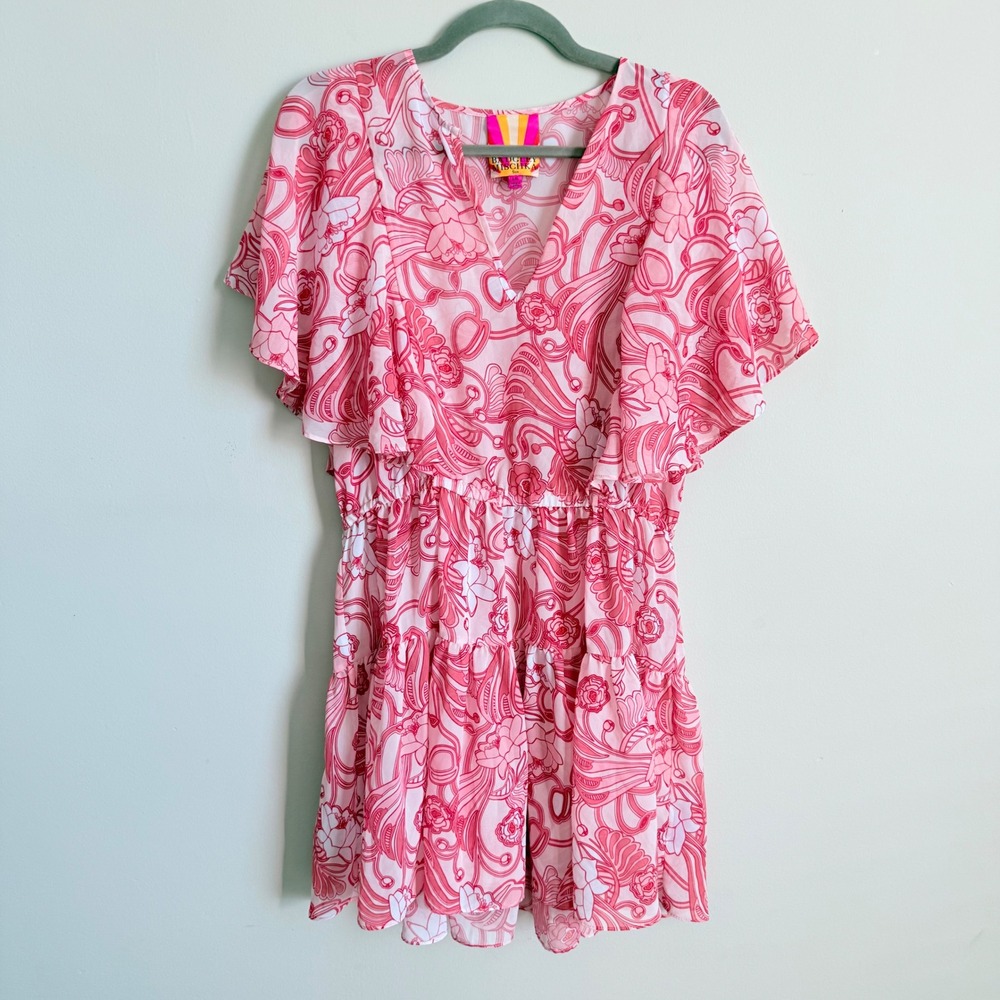 Badgley Mischka Sun Pink Floral V-Neck Flutter Sleeve Tiered‎ Mini Dress Large